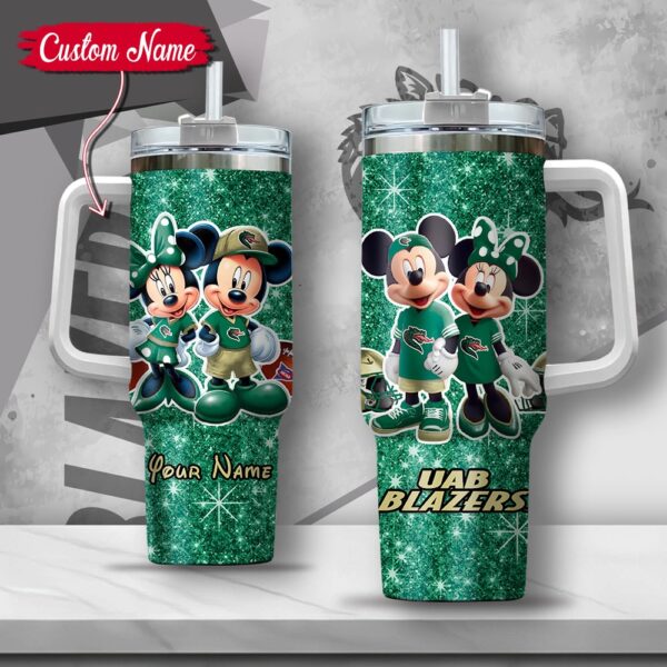 Custom Name NCAA UAB Blazers Mickey And Minnie Couple Stainless Steel Tumbler 40oz With Handle