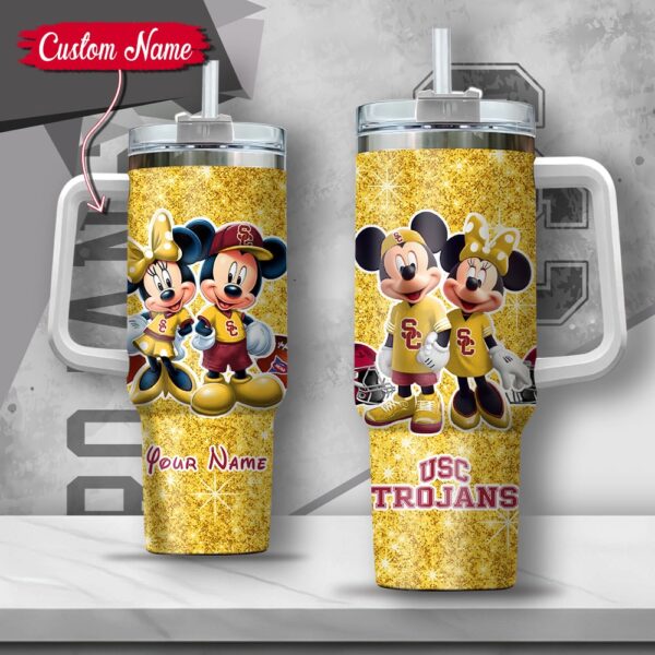 Custom Name NCAA USC Trojans Mickey And Minnie Couple Stainless Steel Tumbler 40oz With Handle