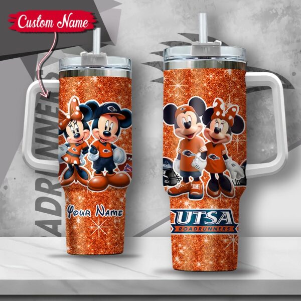 Custom Name NCAA UTSA Roadrunners Mickey And Minnie Couple Stainless Steel Tumbler 40oz With Handle