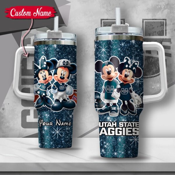 Custom Name NCAA Utah State Aggies Mickey And Minnie Couple Stainless Steel Tumbler 40oz With Handle