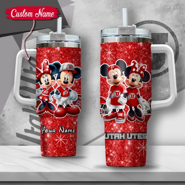 Custom Name NCAA Utah Utes Mickey And Minnie Couple Stainless Steel Tumbler 40oz With Handle