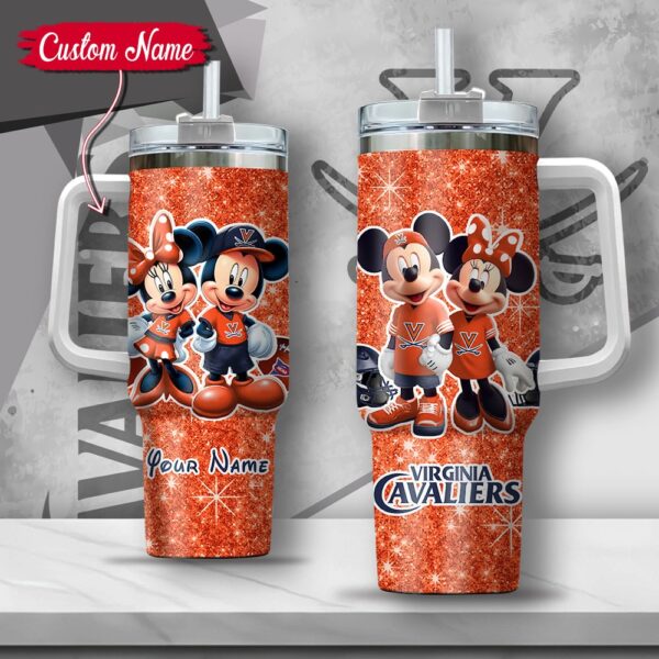 Custom Name NCAA Virginia Cavaliers Mickey And Minnie Couple Stainless Steel Tumbler 40oz With Handle