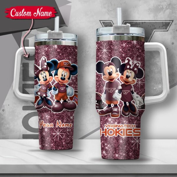 Custom Name NCAA Virginia Tech Hokies Mickey And Minnie Couple Stainless Steel Tumbler 40oz With Handle