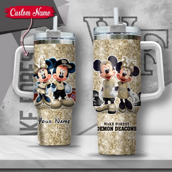 Custom Name NCAA Wake Forest Demon Deacons Mickey And Minnie Couple Stainless Steel Tumbler 40oz With Handle