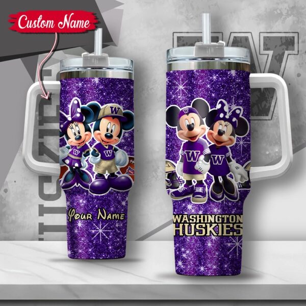 Custom Name NCAA Washington Huskies Mickey And Minnie Couple Stainless Steel Tumbler 40oz With Handle