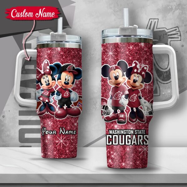 Custom Name NCAA Washington State Cougars Mickey And Minnie Couple Stainless Steel Tumbler 40oz With Handle