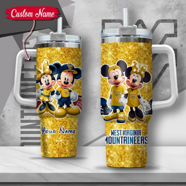 Custom Name NCAA West Virginia Mountaineers Mickey And Minnie Couple Stainless Steel Tumbler 40oz With Handle