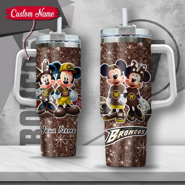 Custom Name NCAA Western Michigan Broncos Mickey And Minnie Couple Stainless Steel Tumbler 40oz With Handle