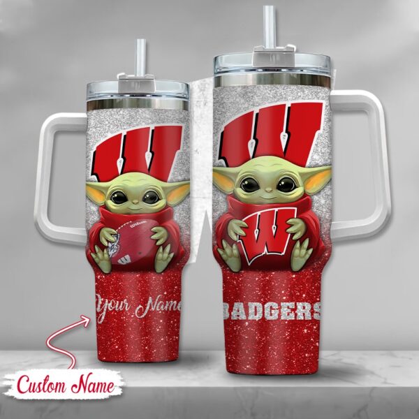 Custom Name NCAA Wisconsin Badgers Baby Yoda Stainless Steel Tumbler 40oz With Handle