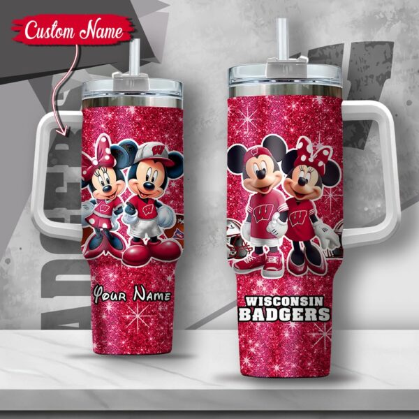 Custom Name NCAA Wisconsin Badgers Mickey And Minnie Couple Stainless Steel Tumbler 40oz With Handle