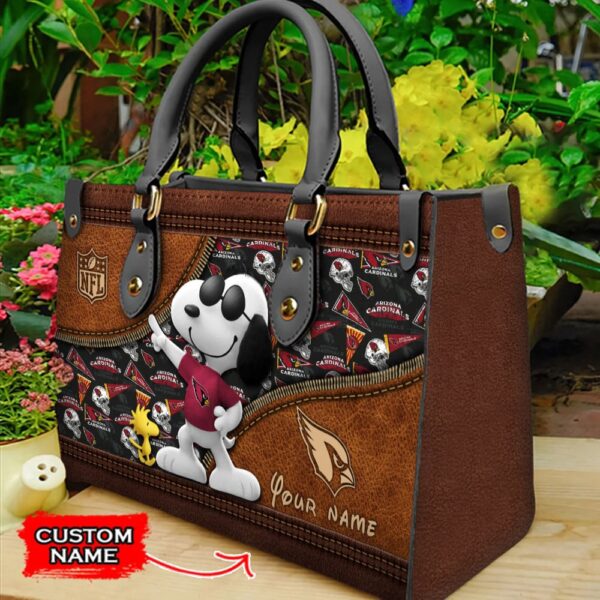 Custom Name NFL Arizona Cardinals Snoopy Leather Hand Bag