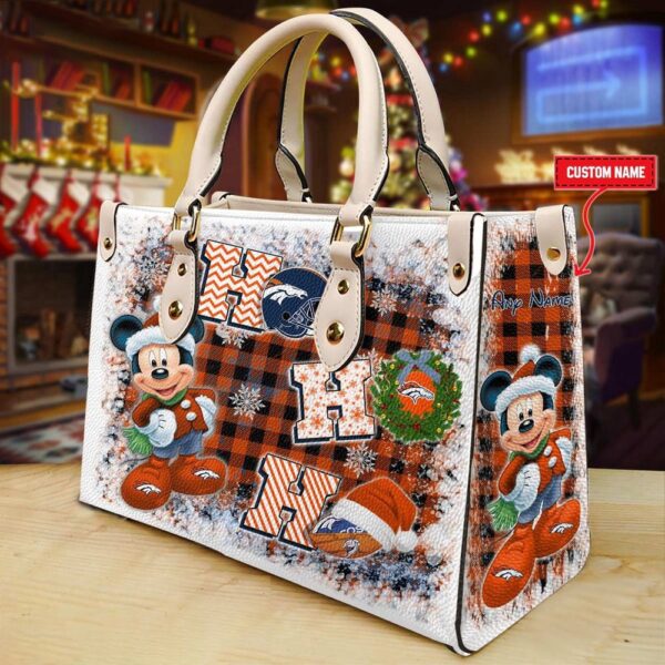 Custom Name NFL Denver Broncos Mickey Ho Ho Ho Christmas Leather Handbag