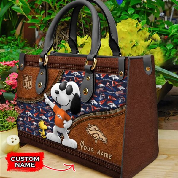 Custom Name NFL Denver Broncos Snoopy Leather Hand Bag