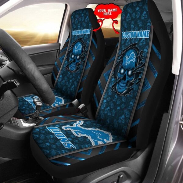 Custom Name NFL Detroit Lions Blue Skull Car Seat Covers