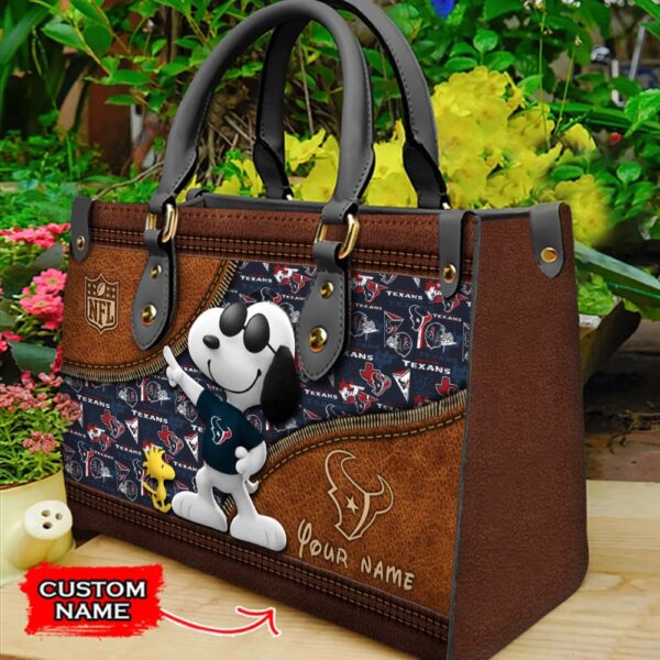 Custom Name NFL Houston Texans Snoopy Leather Hand Bag