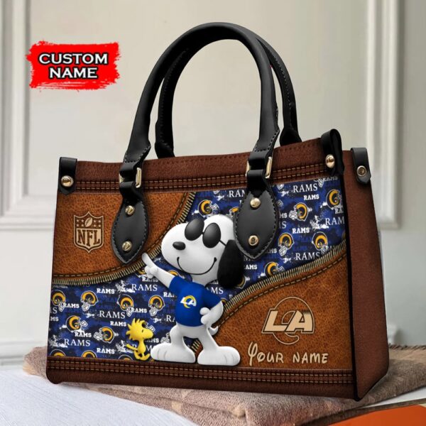 Custom Name NFL Los Angeles Rams Snoopy Dog Leather Hand Bag