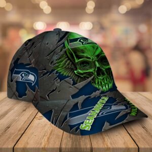 Custom Name Seattle Seahawks NFL Skull Baseball Cap 2