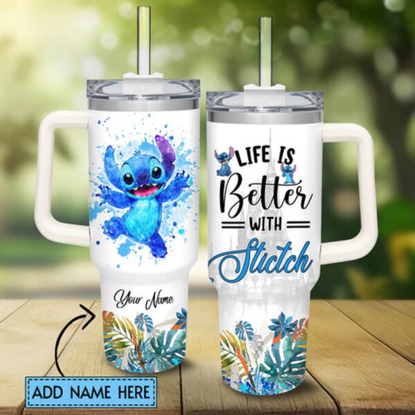 Custom Name Stitch Cartoon Life Is Better Tumbler 40oz With Handle