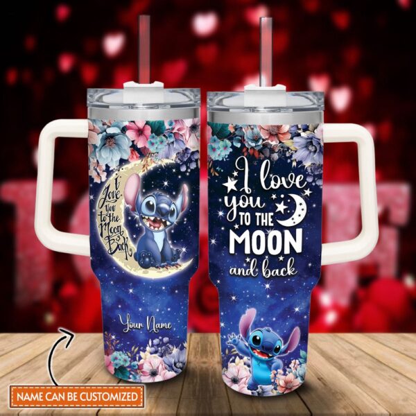 Custom Name Stitch I Love You To The Moon And Back Tumbler 40oz With Handle