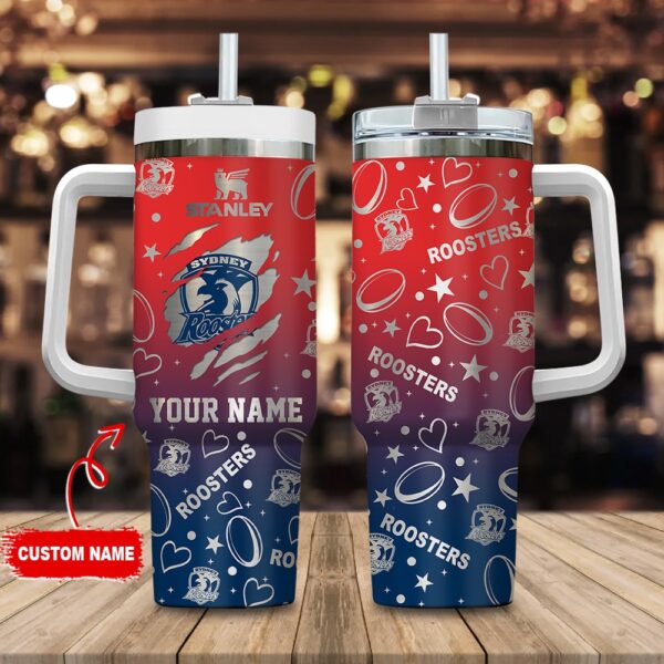 Custom Name Sydney Roosters NRL Silver Logo Stainless Steel Tumbler 40oz With Handle