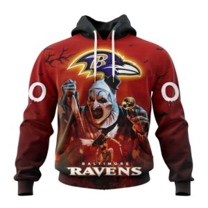 Custom Name And Number Baltimore Ravens Horror Terrifier Ghoulish Halloween Day Hoodie