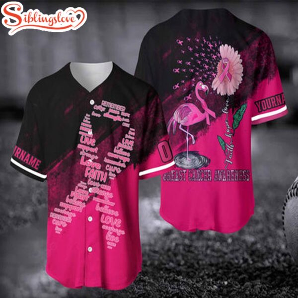 Custom Name And Number Flamingo Breast Cancer Awareness Baseball Jersey Shirt