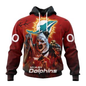 Custom Name And Number Miami Dolphins Horror Terrifier Ghoulish Halloween Day Hoodie1