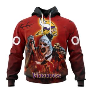 Custom Name And Number Minnesota Vikings Horror Terrifier Ghoulish Halloween Day Hoodie1