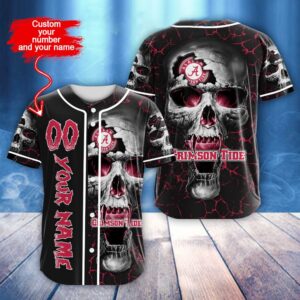 Custom Name And Number NCAA Alabama Crimson Tide Skull Halloween Baseball Jersey Shirt