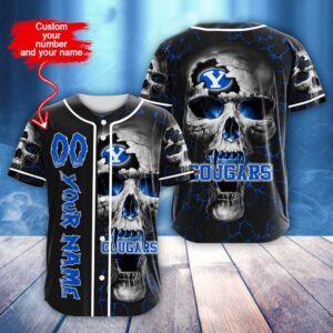 Custom Name And Number NCAA BYU Cougars Skull Halloween Baseball Jersey Shirt