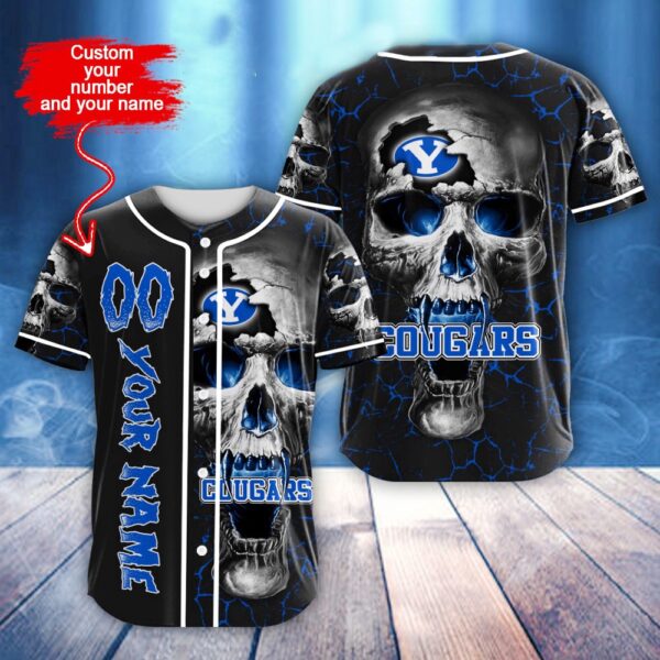 Custom Name And Number NCAA BYU Cougars Skull Halloween Baseball Jersey Shirt