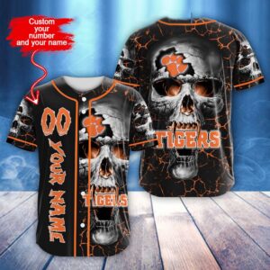 Custom Name And Number NCAA Clemson Tigers Skull Halloween Baseball Jersey Shirt