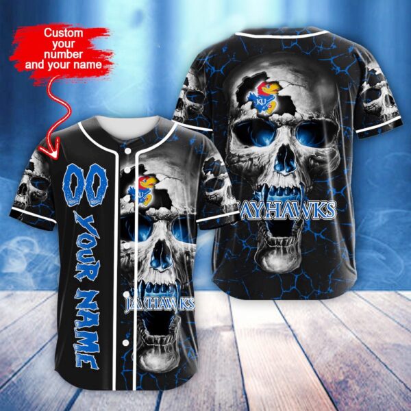 Custom Name And Number NCAA Kansas Jayhawks Skull Halloween Baseball Jersey Shirt