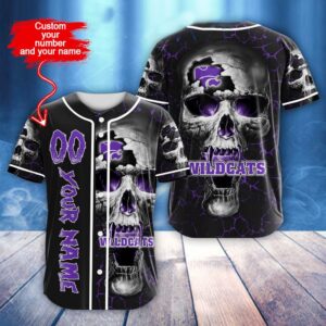 Custom Name And Number NCAA Kansas State Wildcats Skull Halloween Baseball Jersey Shirt