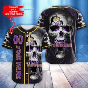 Custom Name And Number NCAA LSU Tigers Skull Halloween Baseball Jersey Shirt