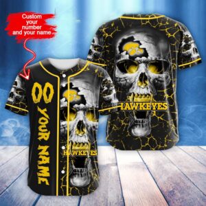 Custom Name And Number NCAA Lowa Hawkeyes Skull Halloween Baseball Jersey Shirt