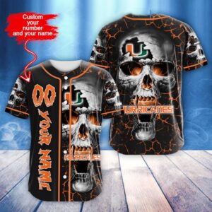 Custom Name And Number NCAA Miami Hurricanes Skull Halloween Baseball Jersey Shirt