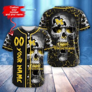 Custom Name And Number NCAA Michigan Wolverines Skull Halloween Baseball Jersey Shirt