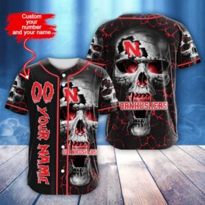 Custom Name And Number NCAA Nebraska Cornhuskers Skull Halloween Baseball Jersey Shirt