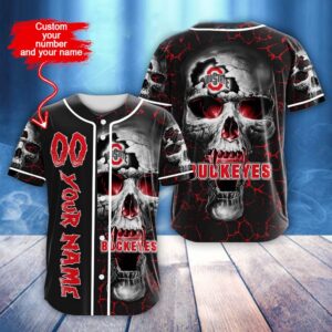 Custom Name And Number NCAA Ohio State Buckeyes Skull Halloween Baseball Jersey Shirt