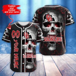 Custom Name And Number NCAA Oklahoma Sooners Skull Halloween Baseball Jersey Shirt