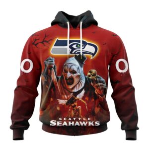 Custom Name And Number Seattle Seahawks Horror Terrifier Ghoulish Halloween Day Hoodie