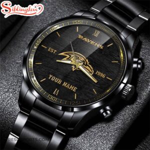 Custom Name Baltimore Ravens NFL Black Stainless Steel Watch For Fans 1