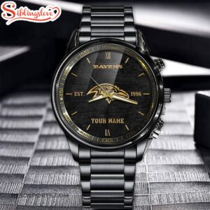 Custom Name Baltimore Ravens NFL Black Stainless Steel Watch For Fans 2