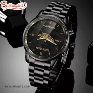 Custom Name Baltimore Ravens NFL Black Stainless Steel Watch For Fans 3