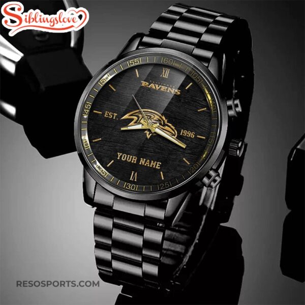 Custom Name Baltimore Ravens NFL Black Stainless Steel Watch For Fans