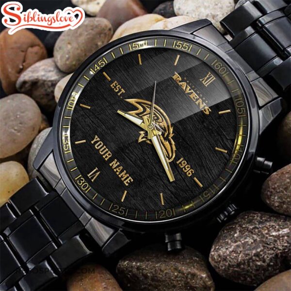 Custom Name Baltimore Ravens NFL Black Stainless Steel Watch For Fans