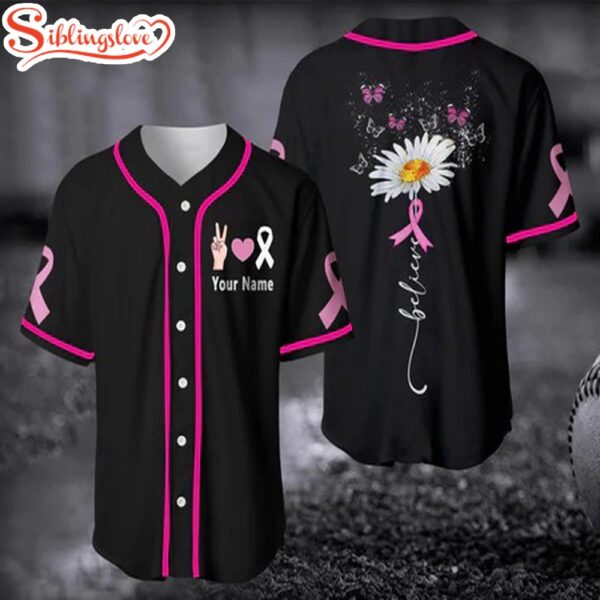 Custom Name Breast Cancer Peace Love Cure In October We Wear Pink Baseball Jersey Shirt