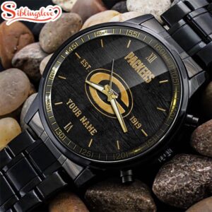 Custom Name Green Bay Packers NFL Black Stainless Steel Watch For Fans 1