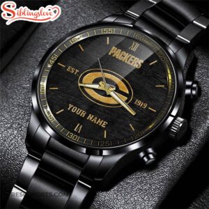 Custom Name Green Bay Packers NFL Black Stainless Steel Watch For Fans 2